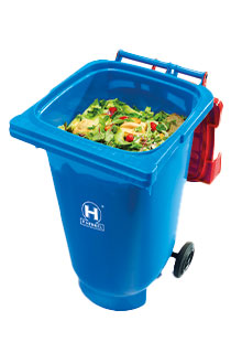 P. Henkel offener blauer Altspeisefettbehälter mit Lebensmittelresten FATBOXX